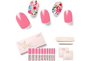 NAILOG Semi Cured Gel Nail Strips, 20 Pcs Pink Flowers Long Lasting Stickers Extra Long Nail Wraps with Glossy Gel Finishing for Spring Summer, Season