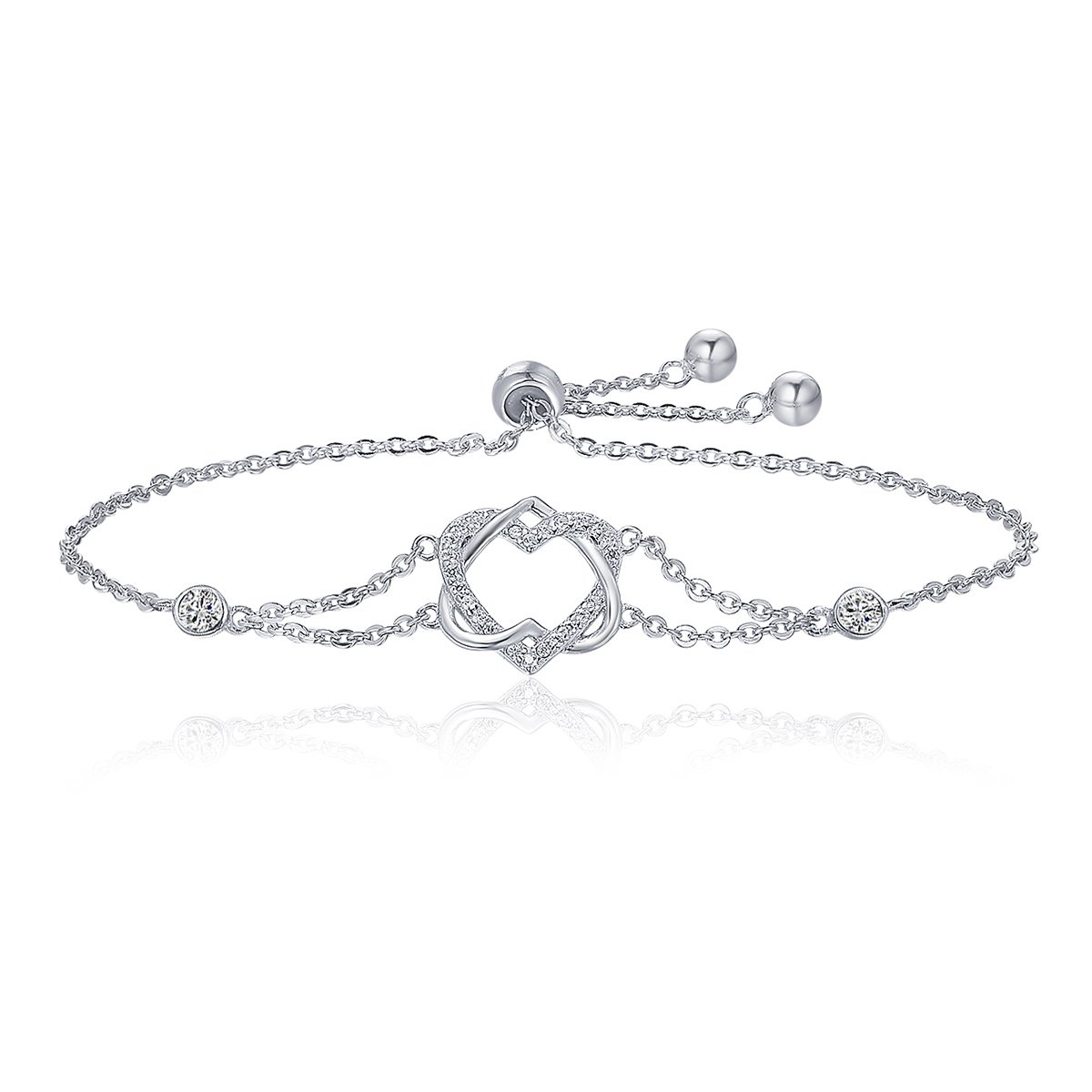 Mothers Day Gift 925 Sterling Silver Adjustable Heart Cubic Zirconia Bracelets for Women Girls
