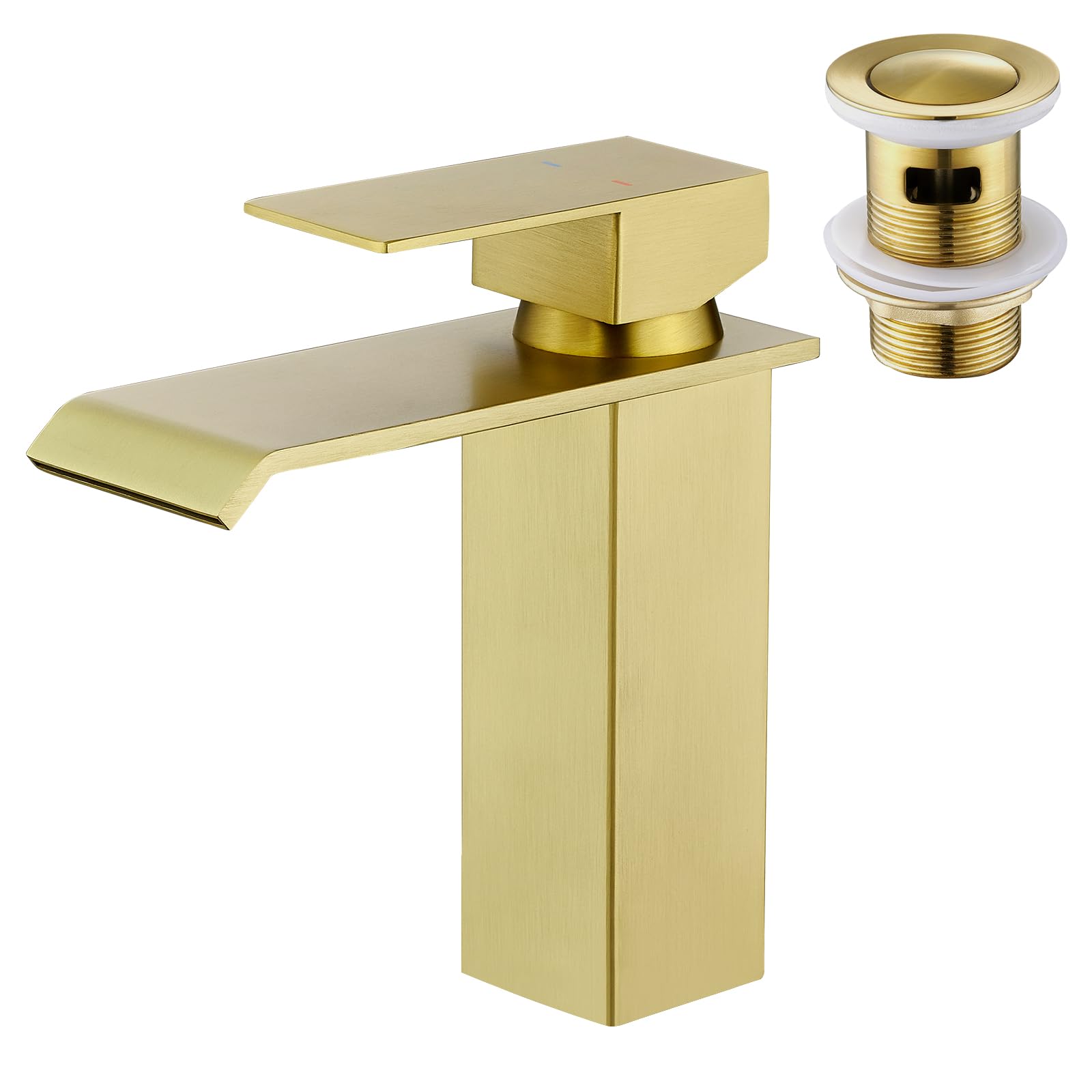 CREA Bathroom Tap Waterfall, Single Handle Bathroom Sink Mixer tap, One Hole Monobloc Basin Tap with Pop Up Drain, Brushed Gold
