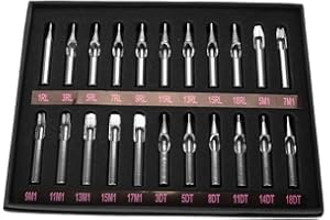 Tattoo Nozzle Tips, 22 Pieces/Set Stainless Steel Needles Machine Gun Tube Grip Box Sterilized Assorted 1 3 5 7 9 11 13 RL M1