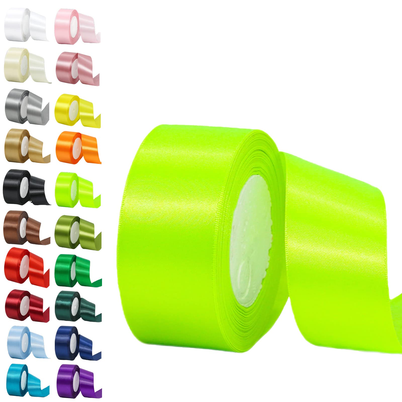 50mm Wide Fluorescent Green Fabric Ribbon - 22M, 2Inch Satin Solid Decorative Thick Ribbon for Gift Wrapping, Wedding, Car, Sewing, Floral, Xmas Presents
