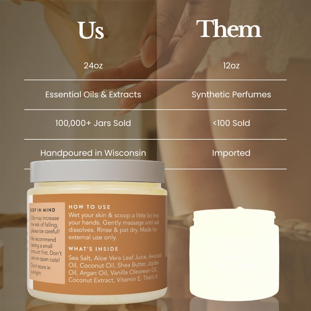 BARE BOTANICS Coconut Vanilla Body Scrub 24oz | Made in Madison, WI | All Natural Sea Salt Exfoliator w/ Skin Loving Moisturizers | Vegan & Cruelty Free | Gift Ready Packaging w/ a Cute Wooden Spoon