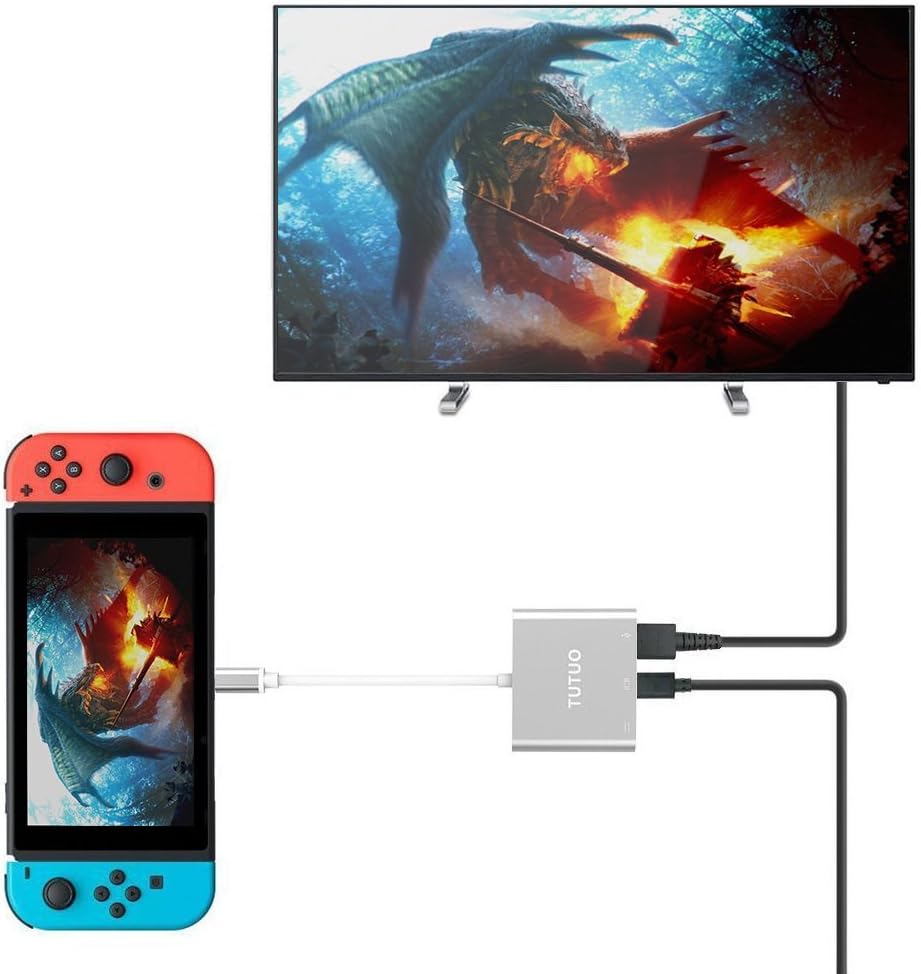 TUTUO Type C to HDMI Adapter Dock for Nintendo Switch, USB C to HDMI + USB 3.0-A + USB C PD (Power Delivery) Hub Converter for MacBook Pro 2017, Samsung Galaxy S20/Note 20