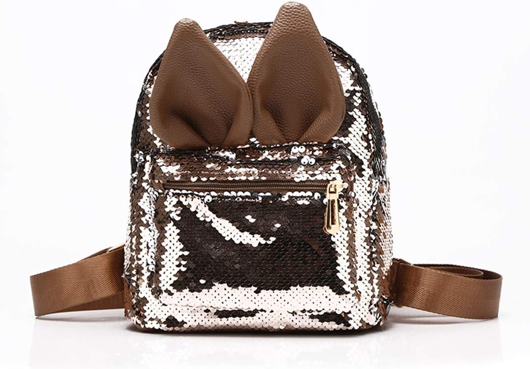 Magic Reversible Sequins Backpack with Cute Rabbit Ears Schoolbag Shoulder Bag Mini Backpack Purses for Girls Women (Khaki)