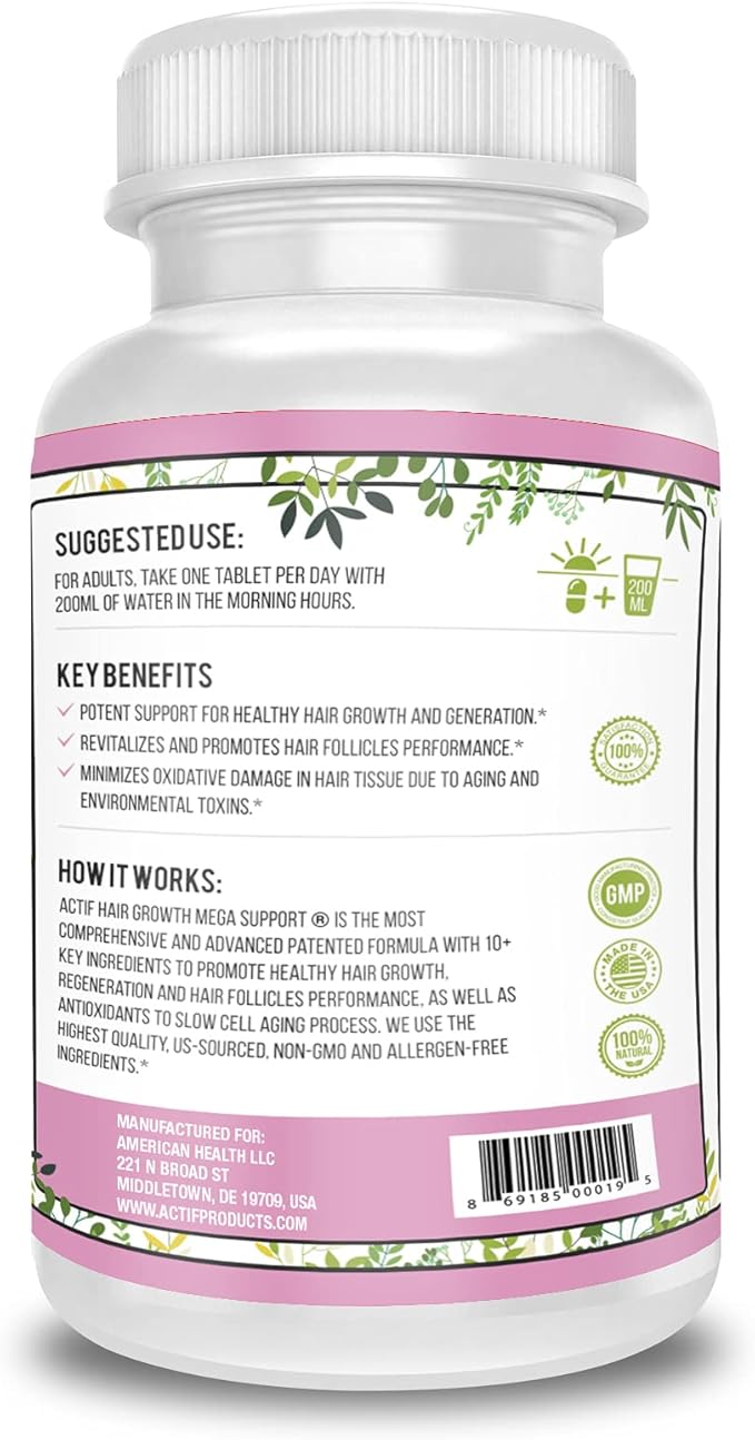 Amazon Com Actif Hair Growth For Women Mega Support 10 Non Gmo Stops 99 Hair Loss Made In Usa 60 Count Health Personal Care