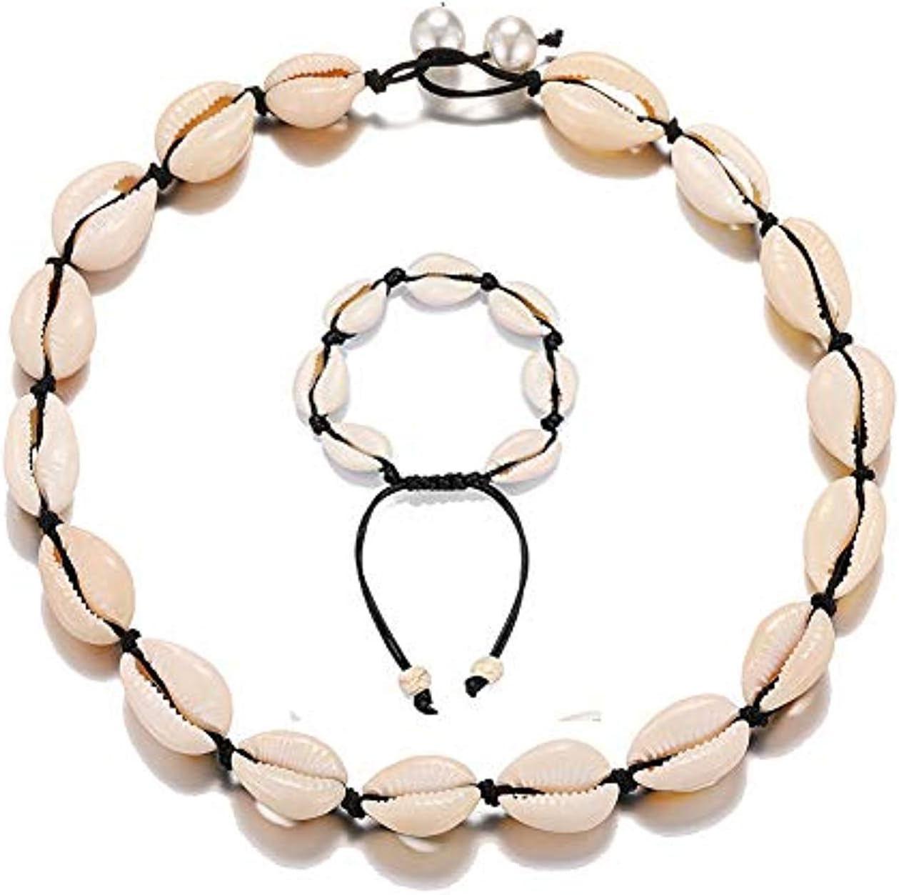 Natural Shell Choker Pearl Puka Shell Necklace Braid Anklets Bracelet Beach Handmade Jewelry for Teen Girls Women 4 Pack-Style 1