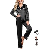 WJing Yi Jia Womens Pajama Set Silk Satin Pajamas Long 2pc Pjs Button Down Sleepwear Pj Set Loungewear