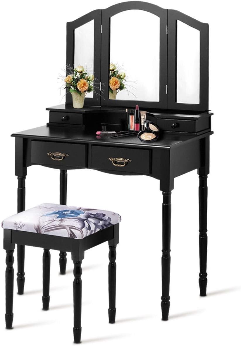 Vanity Set, WATERJOY Tri-Folding Mirror Makeup Vanity Table Set with Cushioned Stool Mirror Table Set Home Furniture 4 Drawer (Black)