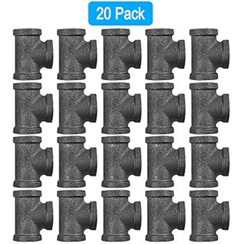 GOOVI 1/2 Inch Tee Pipe Fitting, Black Pipe Threaded Pipe Nipples - Cast Pipe Fittings - Industrial Piping Tees for Plumbing Pipe Shelf and DIY Steampunk Vintage Pipe Furniture Projec, 20 Pack.