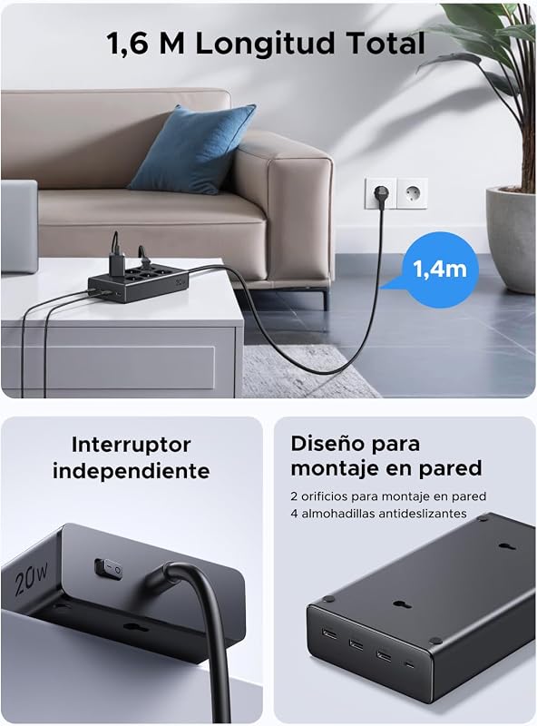 10 IN 1 Ciabatta Multipresa Elettrica 6 Prese AC 4USB 3680W Tipo E F