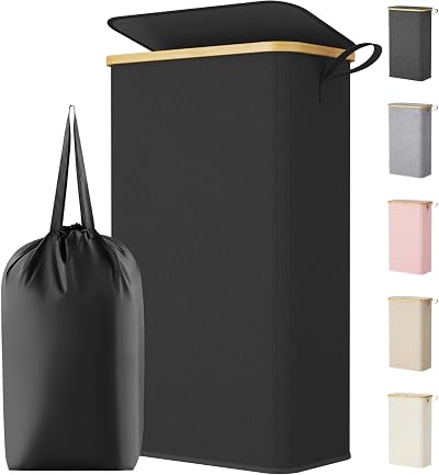 Lifewit 75L Slim Laundry Basket with Lid Bamboo Handles Narrow Foldable Bin