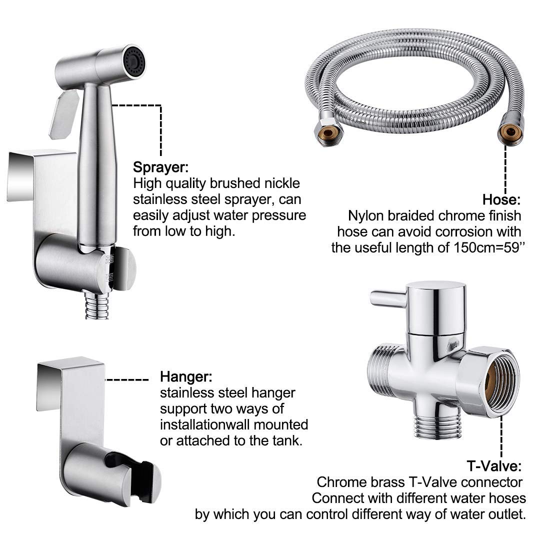 LIKAMU Stainless Steel Handheld Bidet, Bushed Nickle Hand Held Bidet Sprayer Cloth Diaper Sprayer Kits for Toilet, Bathroom, Kitchen