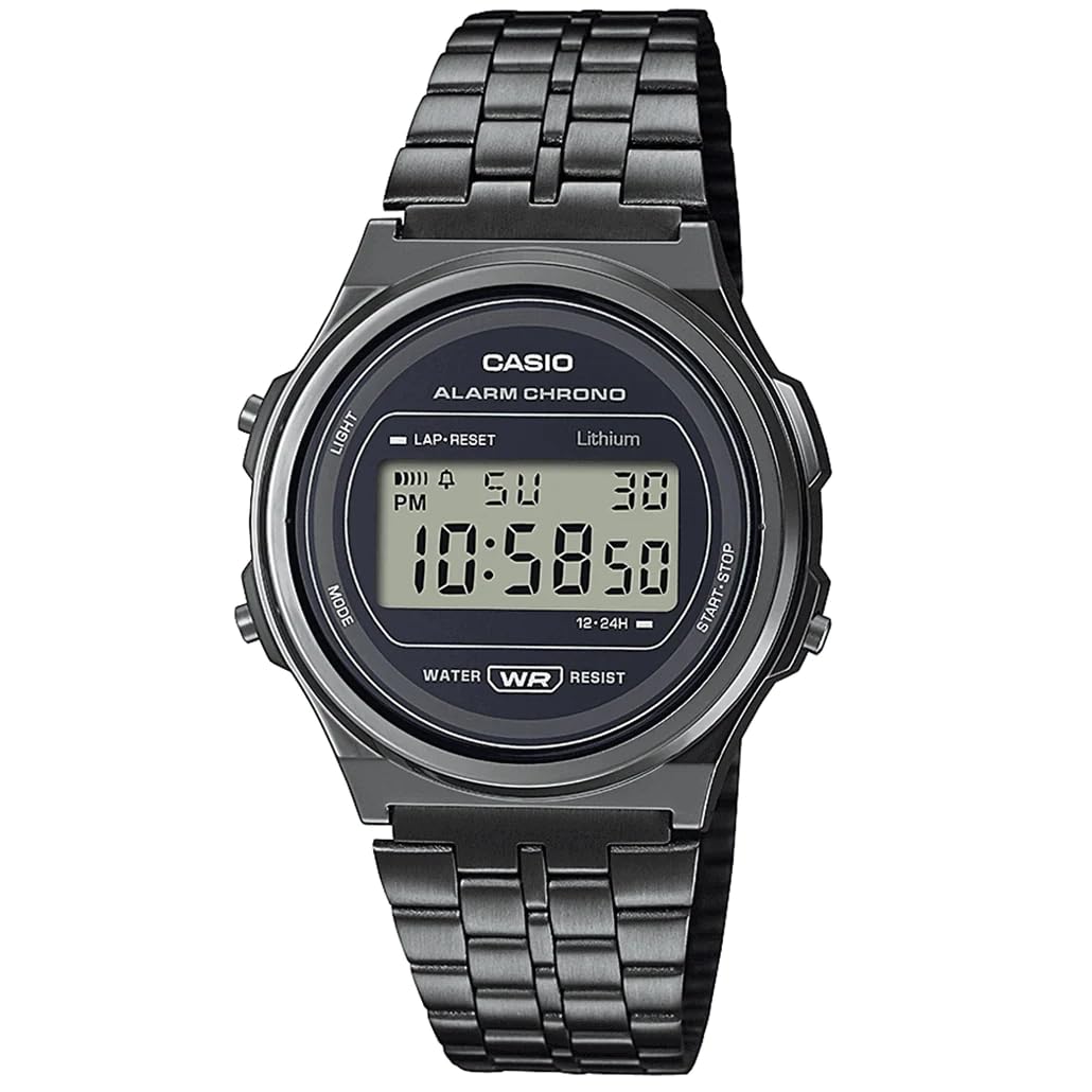 Casio Unisex 38.80mm Quartz Watch with Black Digital dial and Silver Metal Bracelet Strap A171WEGG-1AEF