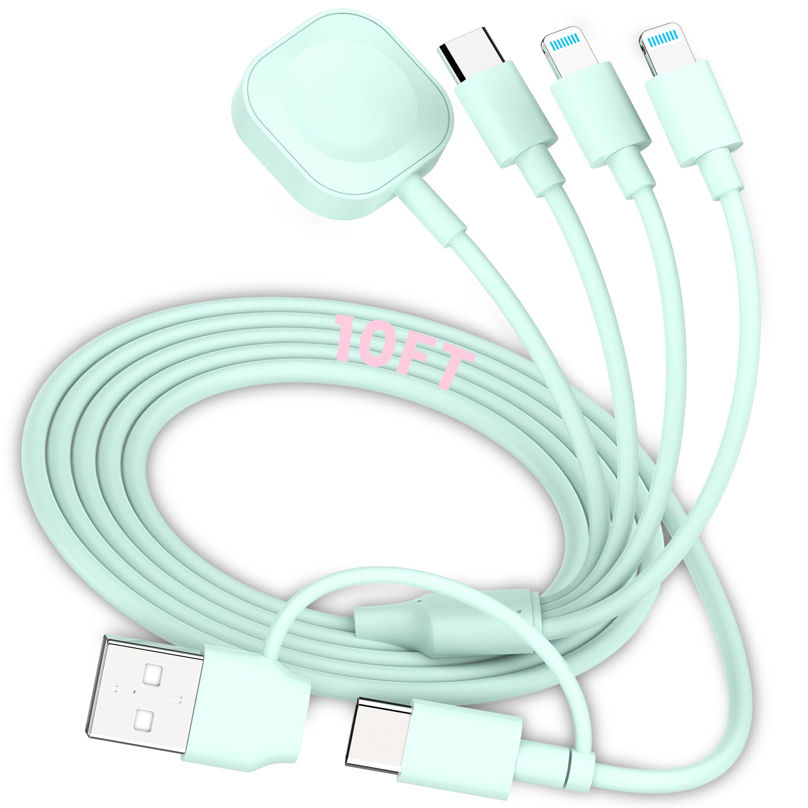 6in1 Multi Charging Cable 10FT, Magnetic Charger for Apple Watch Ultra/SE/9/8/7/6/5/4/3/2/1, Multiple Charger Cord for iPhone 15/14/13/12/11/Galaxy/Pixel, Green USB A/C Universal Travel Charger