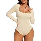 Athlemo Long Sleeve Bodysuits for Women Square Neck Sexy Ribbed One Piece Shirt Tops Tummy Control Bodysuits