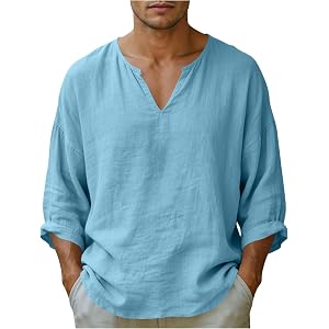 Men's Cotton Linen Notch Neck Breathable Tops Summer Casual Lounge Long Sleeve Beach Travel Vacation Comfy T-Shirts