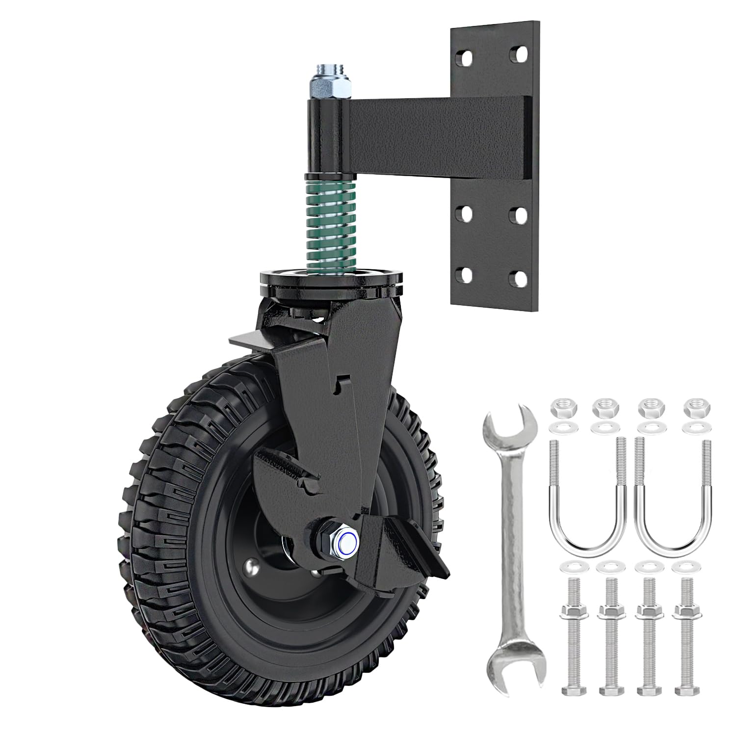 Lygoeege Gate Wheel 8inch with Brake for Metal Tube and Wooden Gate - 600lb Capacity Spring Shock Absorbing Heavy Duty Casters with Screws and Wrenches