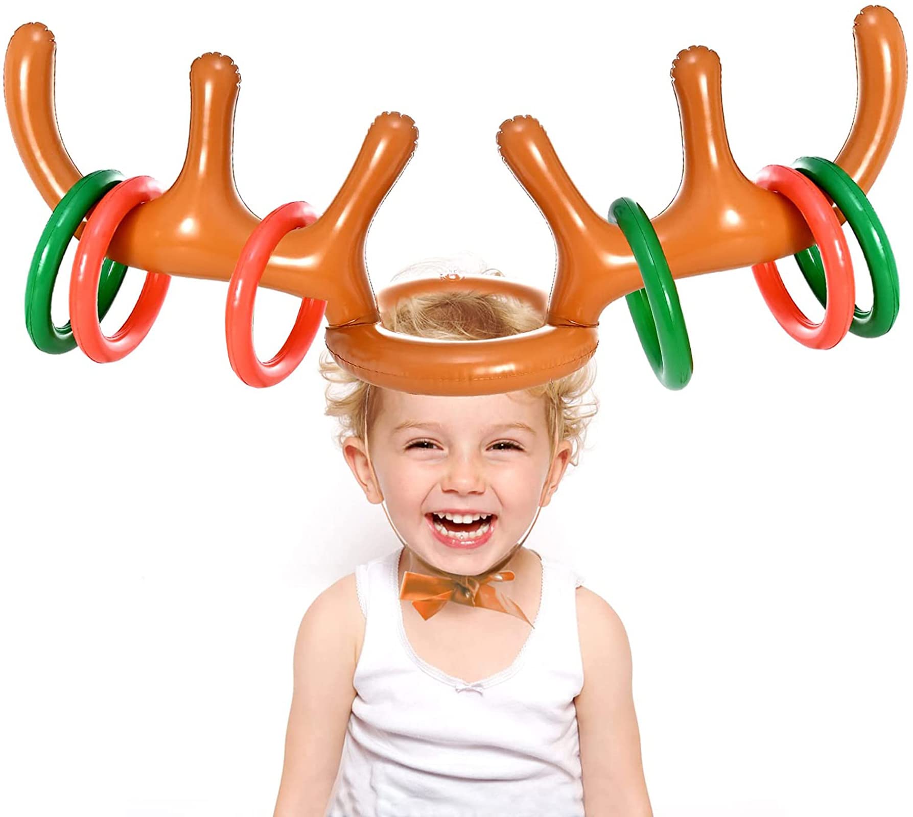 Faburo 7 PCS Christmas Party Toss Game Set Inflatable Reindeer Antler Hat, Christmas Stocking Fillers with 6 Inflatable Rings 1 Antler for Kids Adults Christmas Eve Box Fillers Family Fun Games