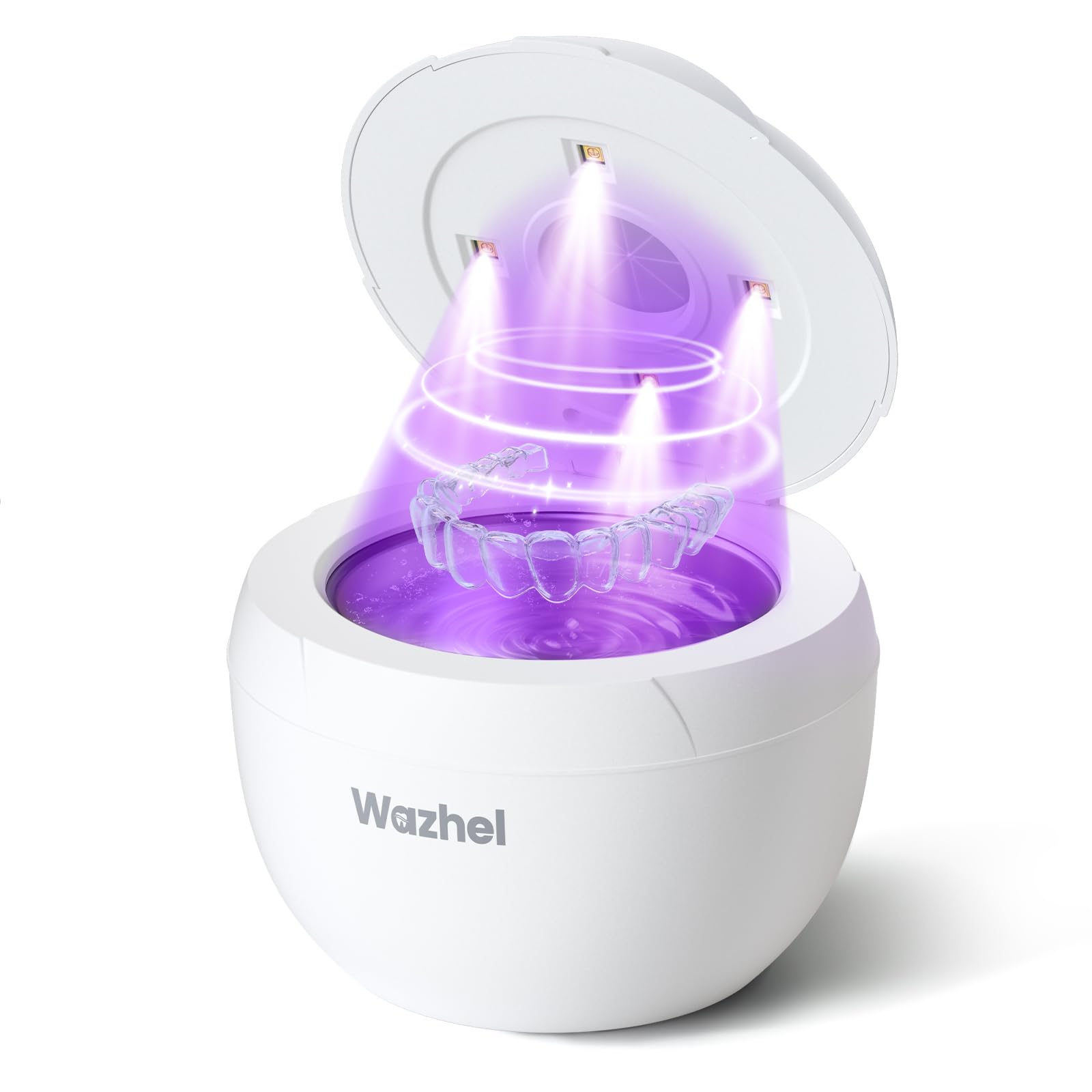 Photo 1 of Wazhel Ultrasonic Retainer Cleaner Machine, 45kHz Dental Cleaning Pod for Denture, Mouth Guard, Night Guard, Aligner, Braces, Toothbrush, 200ML Denture Cleaner with Digital Timer & 4 Modes, White
