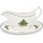 Spode Christmas Tree 9 Oz Gravy Boat &amp; Stand - Set of 2 | Stoneware Sauce Server for Gravy, Syrup, Cream &amp; Dessert Toppings, Drip-Resistant Pour Spout, Microwave &amp; Dishwasher Safe
