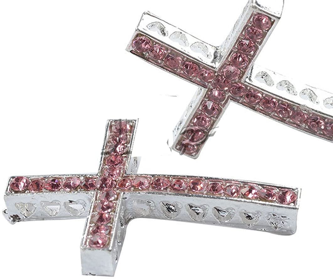 RUBYCA 10pcs Cross Sideway Metal Connector Bead DIY Shamballa Bracelet White Silver Color Light Rose Pink Crystal Inlay
