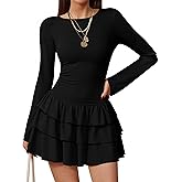 Aprilake Women's Long Sleeve Boat Neck Tiered Ruffled Bodycon Slim Fit Party Club Mini Dress