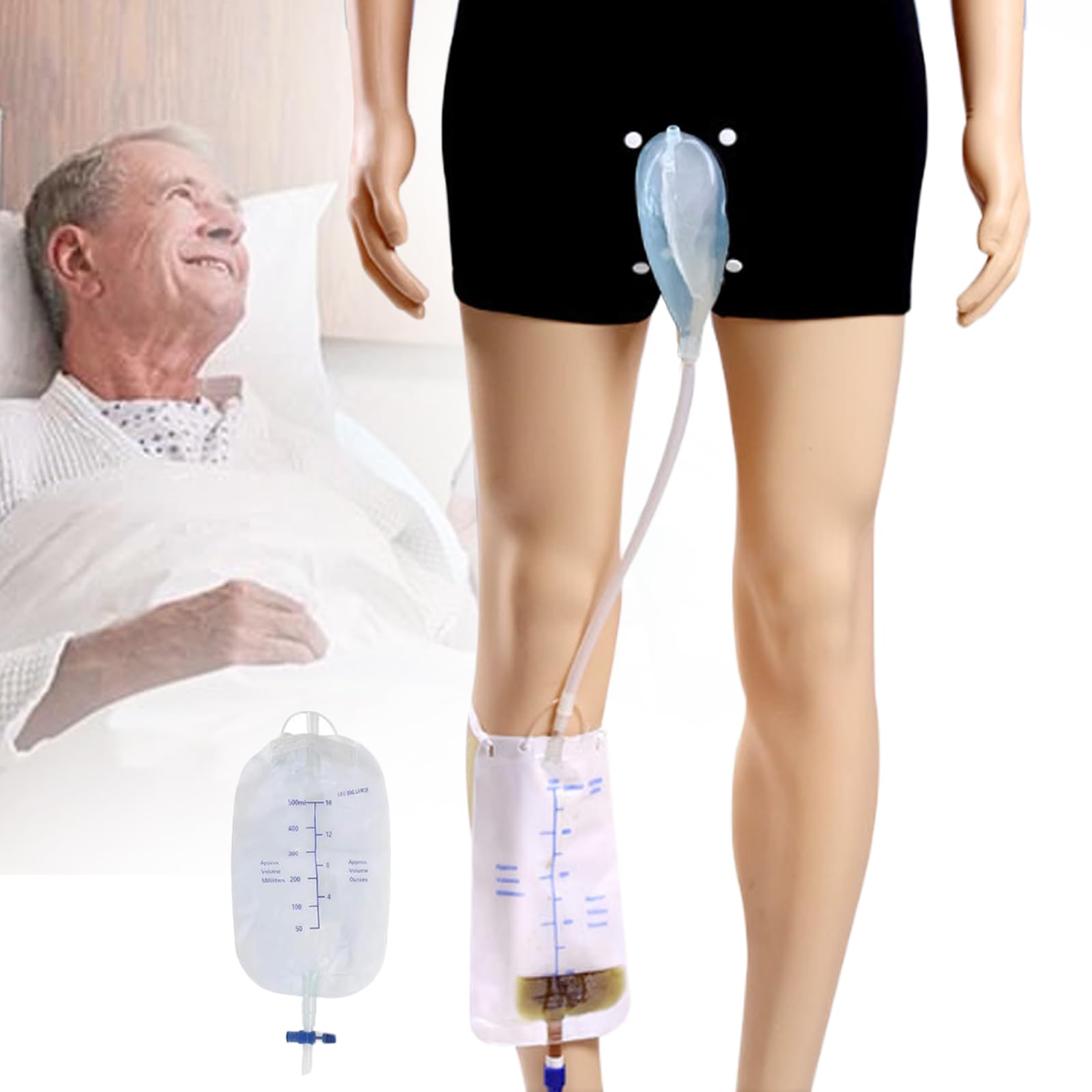 Male Urine System Holder Bag - 500ml Men's Urinal Pee Bag Incontinence Pants, Wearable Spill Proof Collector Urinary Drainage for Bedridden Elderly (M)