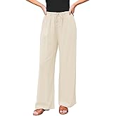 GRAPENT Linen Wide Leg Pants Woman High Waisted Pull On Button Drawstring Baggy Casual Summer Palazzo Pants with Pockets