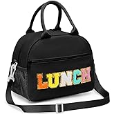 Hairao Lunch Bag for Women and Girls, Aesthetic Preppy Insulated Lunch Tote, Large Reusable Lunch Box with Gold Chenille Letters, Detachable Strap for School, Work & Picnic, Black