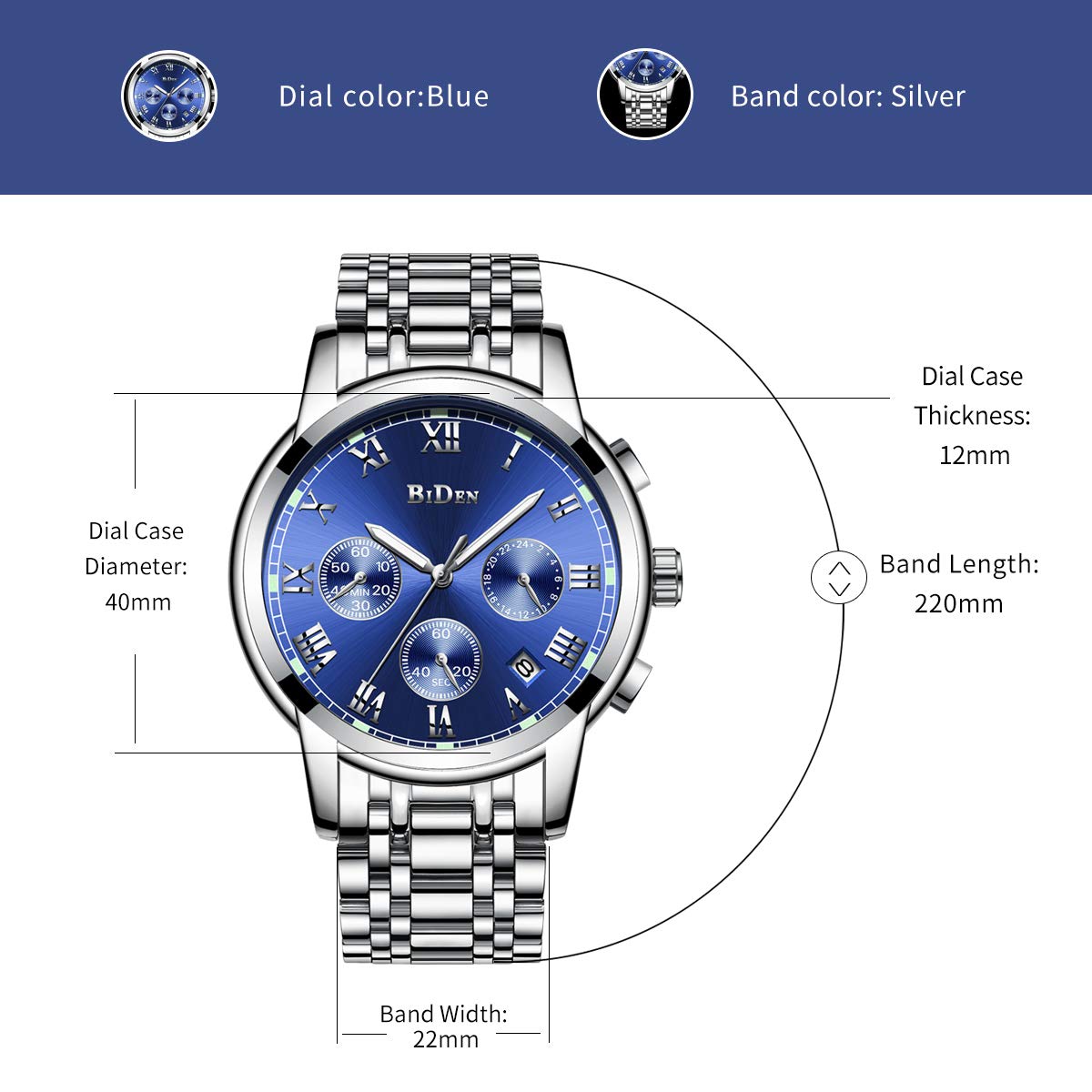 Montre de montres, pour homme montre bracelet en acier inoxydable Argenté, Luxe Design Cadran bleu étanche multifonction à quartz pour homme, montres Causal Entreprise Robe