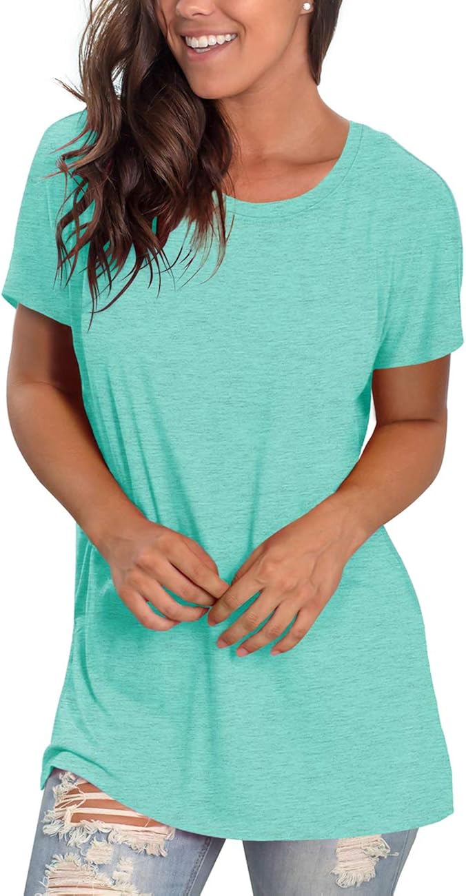 NSQTBA Womens T Shirts Short Sleeve Crewneck Tees Plain Workout Tops Loose Fit