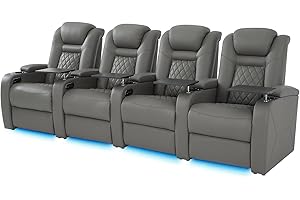 SOOTHROOM Home Theater Seating, Classic Series Leather Movie Theater Chairs, Power Headrest and Memory with C-Type USB Charger, 7-Color Ambient Lighting and Tray Table, Gray Power Adjustable Recliner(Row of 4)