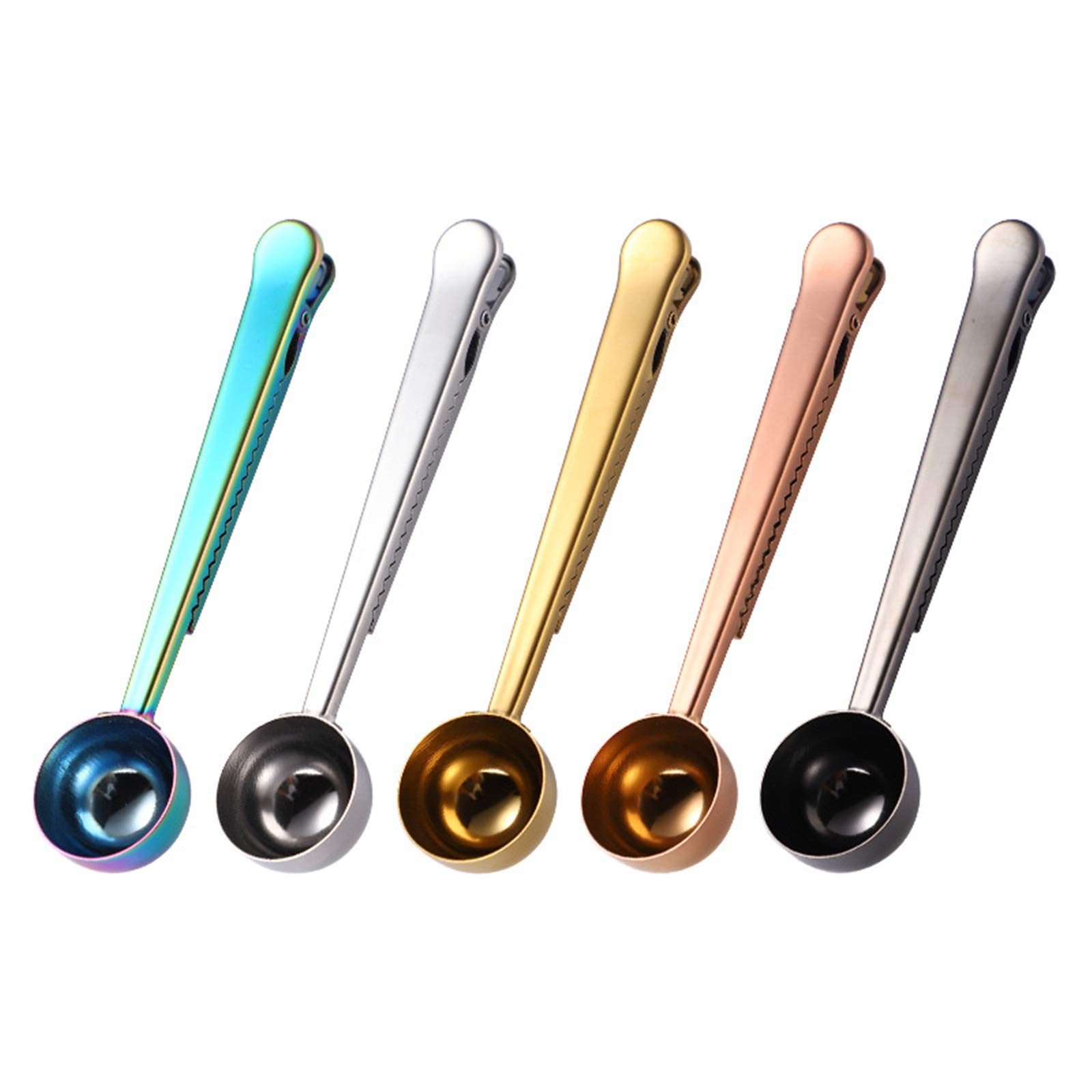 Set of 5 Coffee Scoop Clip,2-in-1 Stainless Steel Coffee Measuring Spoon with Sealing Clips, Kitchen Craft Long Handle Spoon Bag Clip for Coffee, Milk Powder, Oatmeal, Tea,Spices -Multicolor