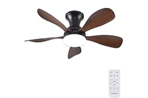FUMLTP 33In Low Profile Ceiling Fans with Lights and Remote,Modern Flush Mount Ceiling Fan with 5 Reversible Blades for Outdoor Patio,Small Room,Bedroom(Black+Brown)