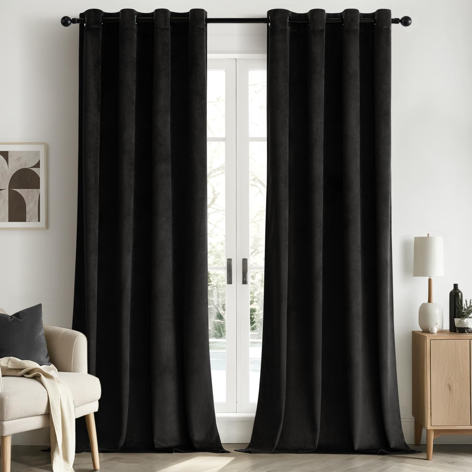 Woaboy Velvet Curtains 90 Drop Black Curtain for Living Room Thermal Blackout for Bedroom Luxury Eyelet Drapes Super Soft Window Treatment Insulated Soundproof & Room Darkening W 46 x L 90 2 Panels