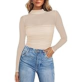 Poetsky Women's Sexy Sheer Long Sleeve Tops Mock Turtle Neck Mesh Ruched Fall Trendy Going Out Shirt Fitted Blouse 2026