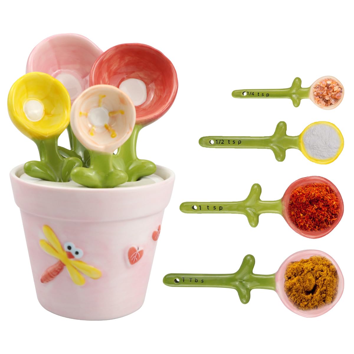 DOERDO Ceramic Measuring Spoons with Holder, Flower Measure Scoops for Salt Sugar, Potted Shape Spoon Set, Kitchen Measuring Ceramic Tools
