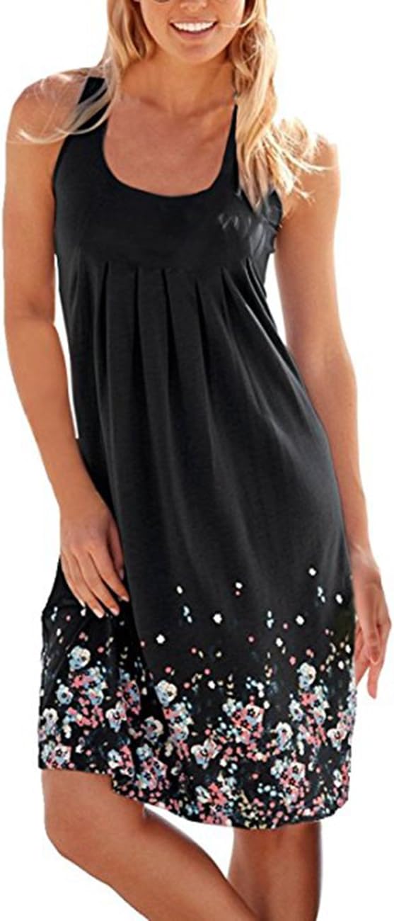 FSOOG Women Summer Floral Printed Sleeveless Tank Loose Causal Sundress A-Line Beach Dresses