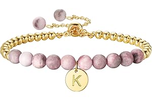 Ritach Christmas Gifts for Teens Girls Kids - Pink Zebra Natural Stone Bracelet Gold/Silver Beaded Bracelets Adjustable Disc Initial Bracelets for Teen Girls Kids Birthday Gifts Stocking Stuffers