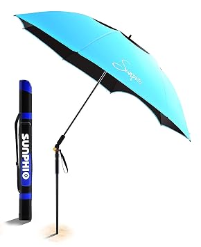 Sunphio Parasol Plage De Protection Uv Grand Solide Et Anti Vent Avec Pôle Inclinable à 360 2 Pied De Support Pour Sable 1 Sac Portable Idéal