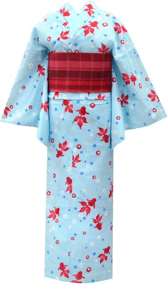 Amazon ミズキ Mizuki 山本美月 ブランド浴衣 単品 水色地に赤い金魚 綿麻 フリーサイズ お仕立て上がり 浴衣 通販