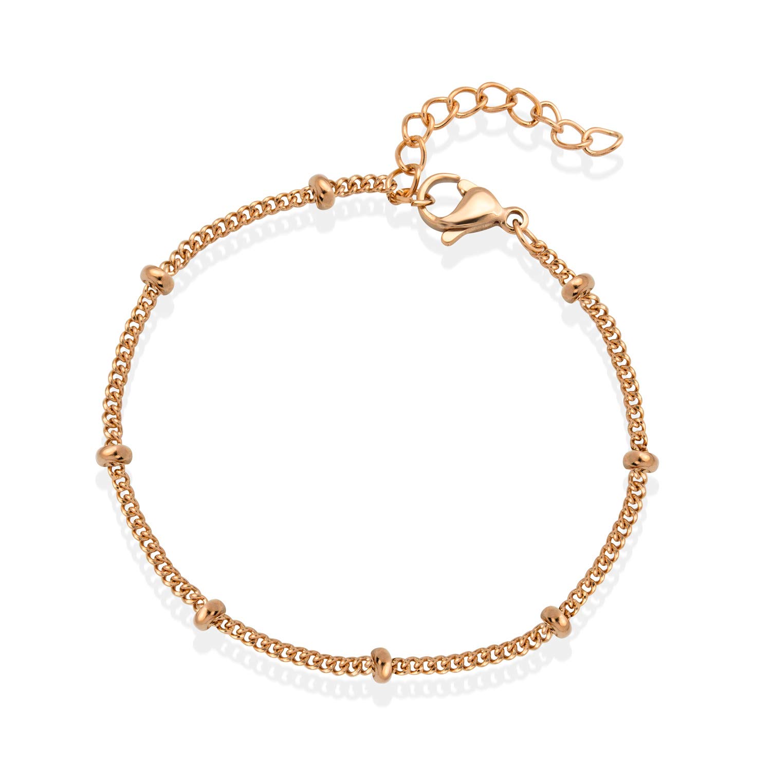 555Jewelry 2mm Stainless Steel Adjustable Curb Link Chain Bead Bracelets for Women, Dainty Bracelets for Women, Beaded Bracelets for Ladies, Womens Beaded Bracelets, Rose Gold, 7.5 Inch