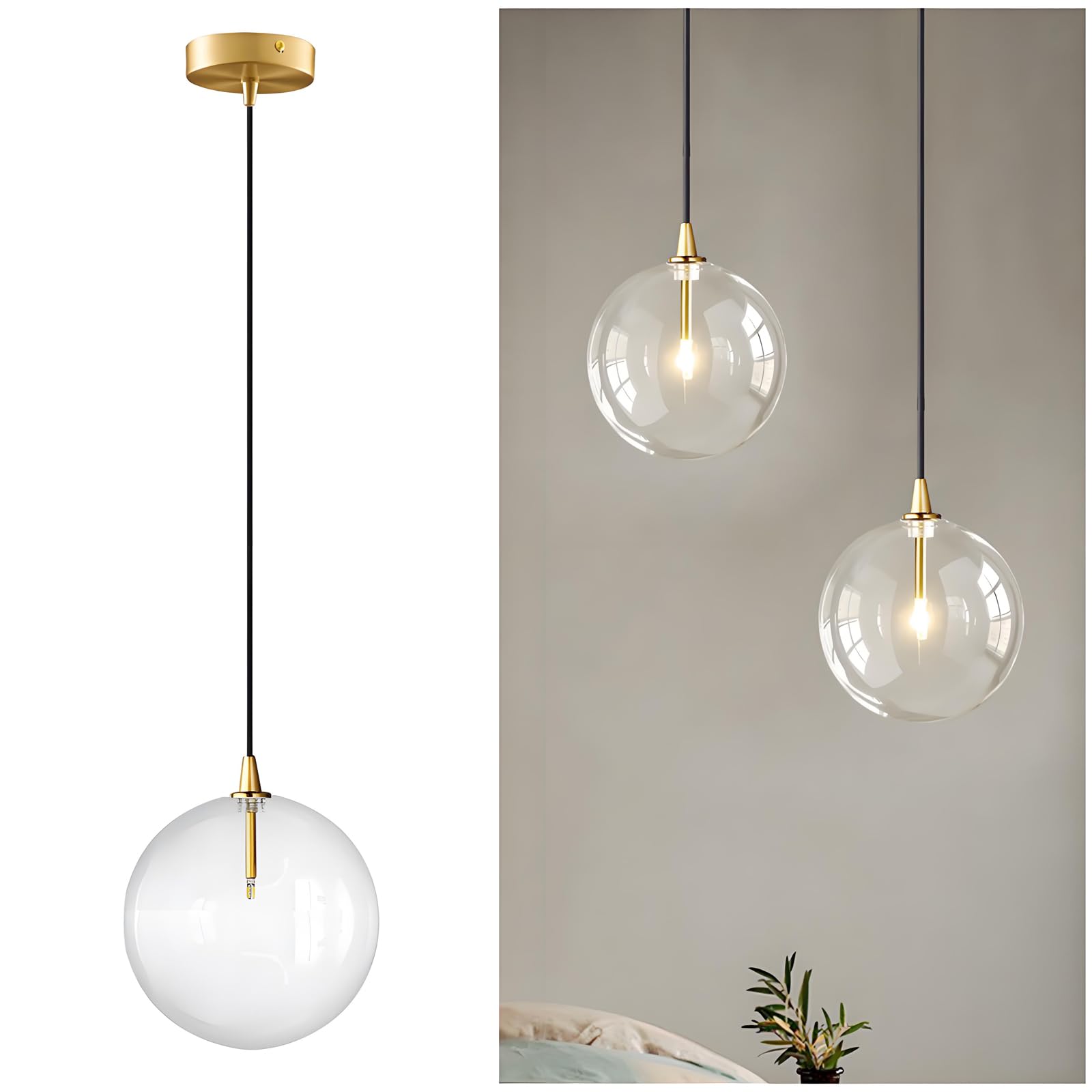 Photo 1 of XIRYTU-H Minimalist Transparent Glass Ball Pendant Light in Gold Finish, Height Adjustable G4 LED Ceiling Haning Light for Dining Room & Living Room (9.8'')