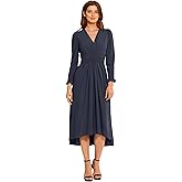 Maggy London Womens V-Neck Hi-lo Midi Dress with Gathered Waist and Ruffle Details