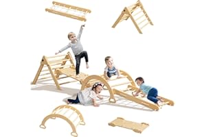 MOOITZ Pikler Triangle Set Climber, 6-in-1 Climbing Toys for Toddlers 1-3, Toddler Climbing Toys Indoor with Ramp & Arch &Slide Arch & Net, Montessori Climbing Set (Wood, M)