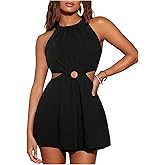 SweatyRocks Women's Cut Out Sleeveless Romper Crew Neck Ruched Wide Leg Shorts Jumpsuit