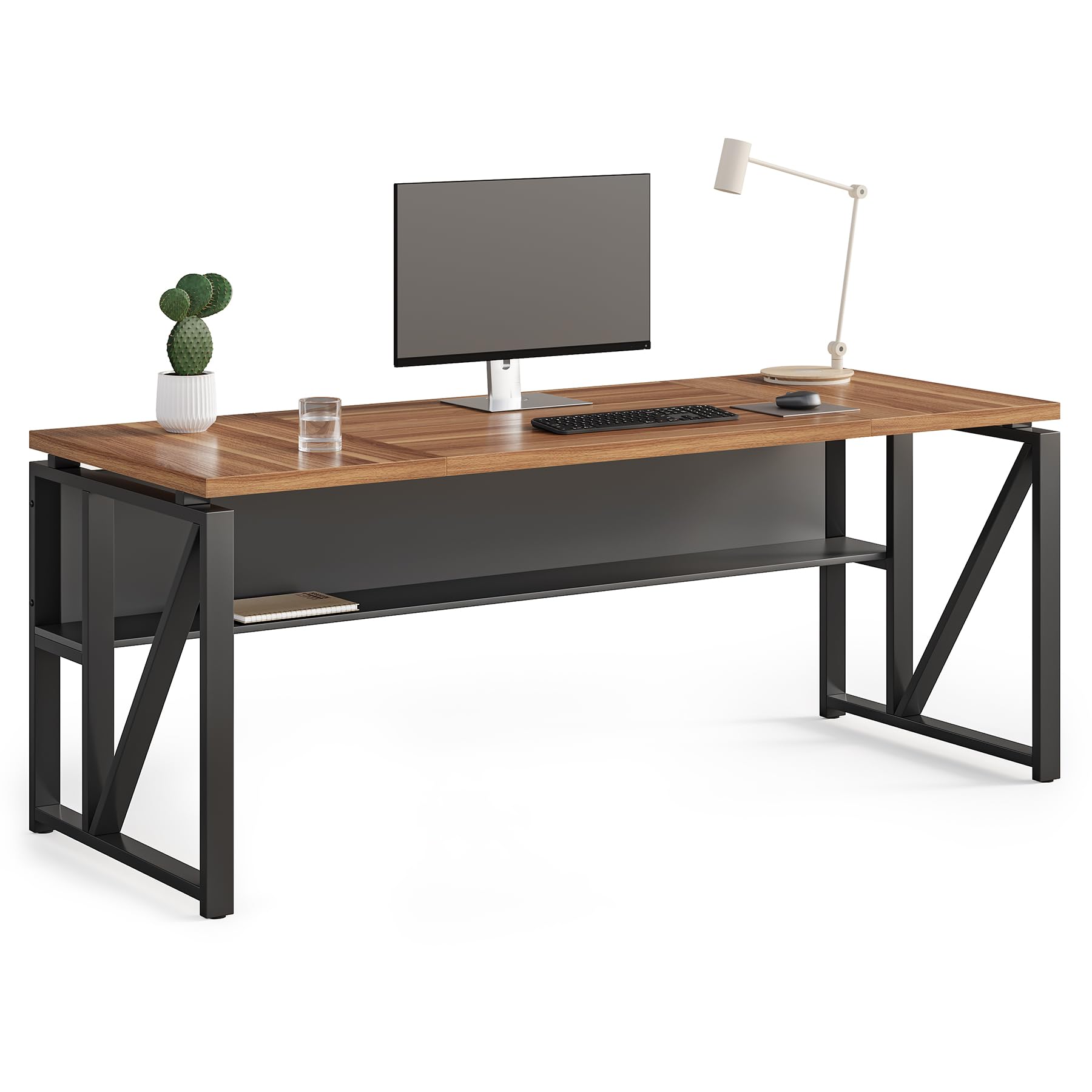 Photo 1 of LITTLE TREE 63-Inch Executive Office Desk, Large Computer Desk with Storage Shelf, Executive Desk with Metal Frame, Study Writing Desk Work Station for Home Office, Brown + Black
