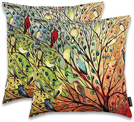 Colorful Tree and Birds Art Home Decorative Throw Pillow Cover Cushion Sham Tropical Plants Throw Pillowcase for Car Seat Sofa Chair Room Decor Square 18" X 18", Set of 2 (YIJIE20180202-183)