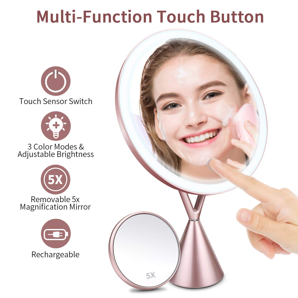 morpilot Kosmetikspiegel mit LED Beleuchtung, 5 Facher Vergrößerung mit Licht Schminkspiegel beweglich und 45° schwenkbar Kosmetik Mirror Batterie-Betrieb Via Touch-Screen Kosmetikspiegel