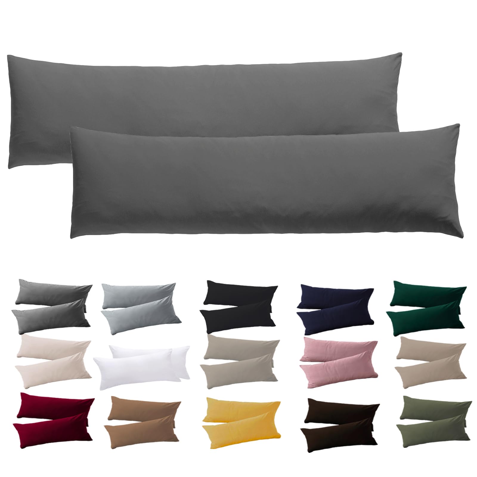 Soifox Side Sleeper Pillow, Cover, 40 x 145 cm, Set of 2, Anthracite, Pillowcase with Zip, 100% Microfibre, Resistant and Hypoallergenic Pillow Cases for Side Sleeper Pillow Cases